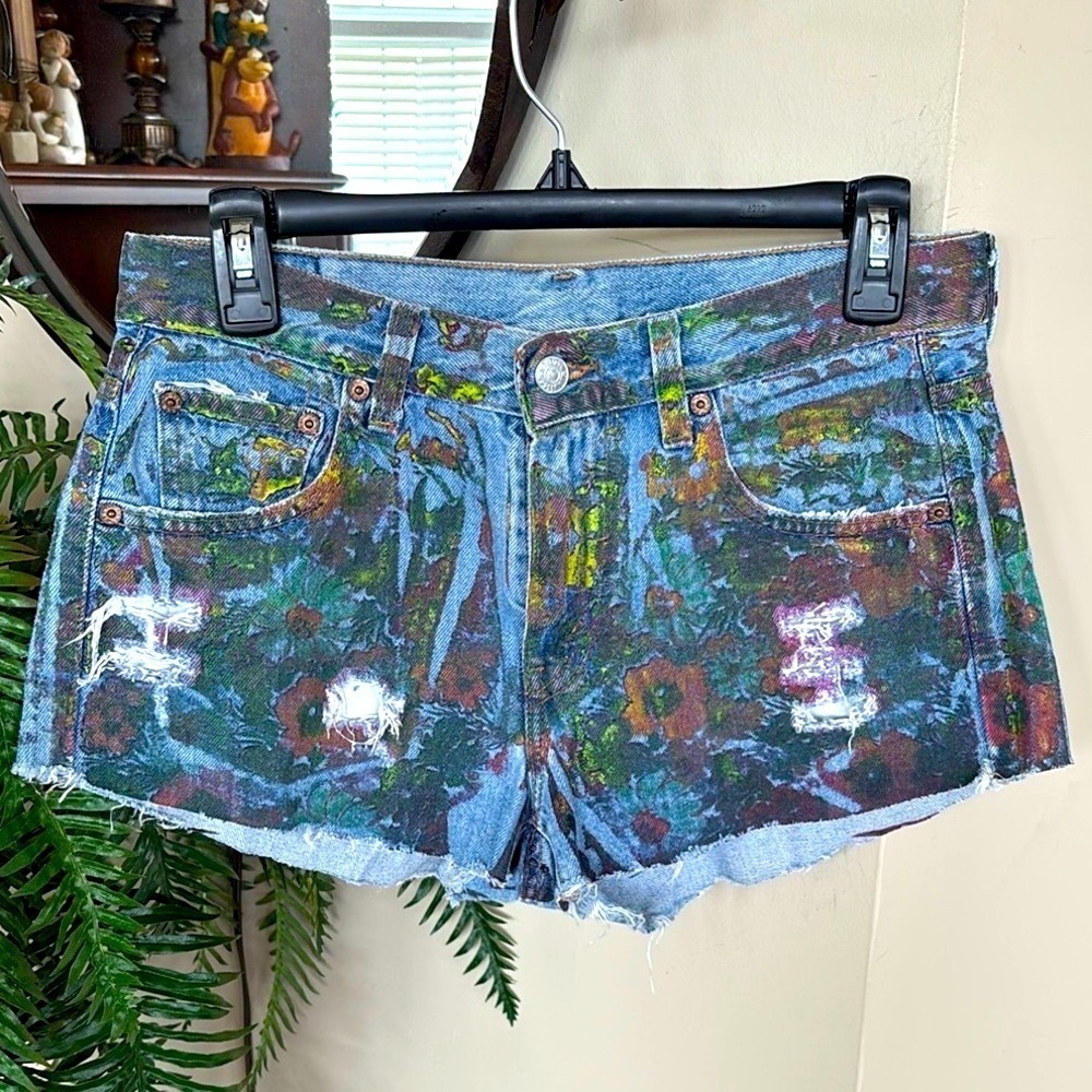 Furst of a Kind Custom Painted Levi's Cutoff Jean Shorts Distressed Denim